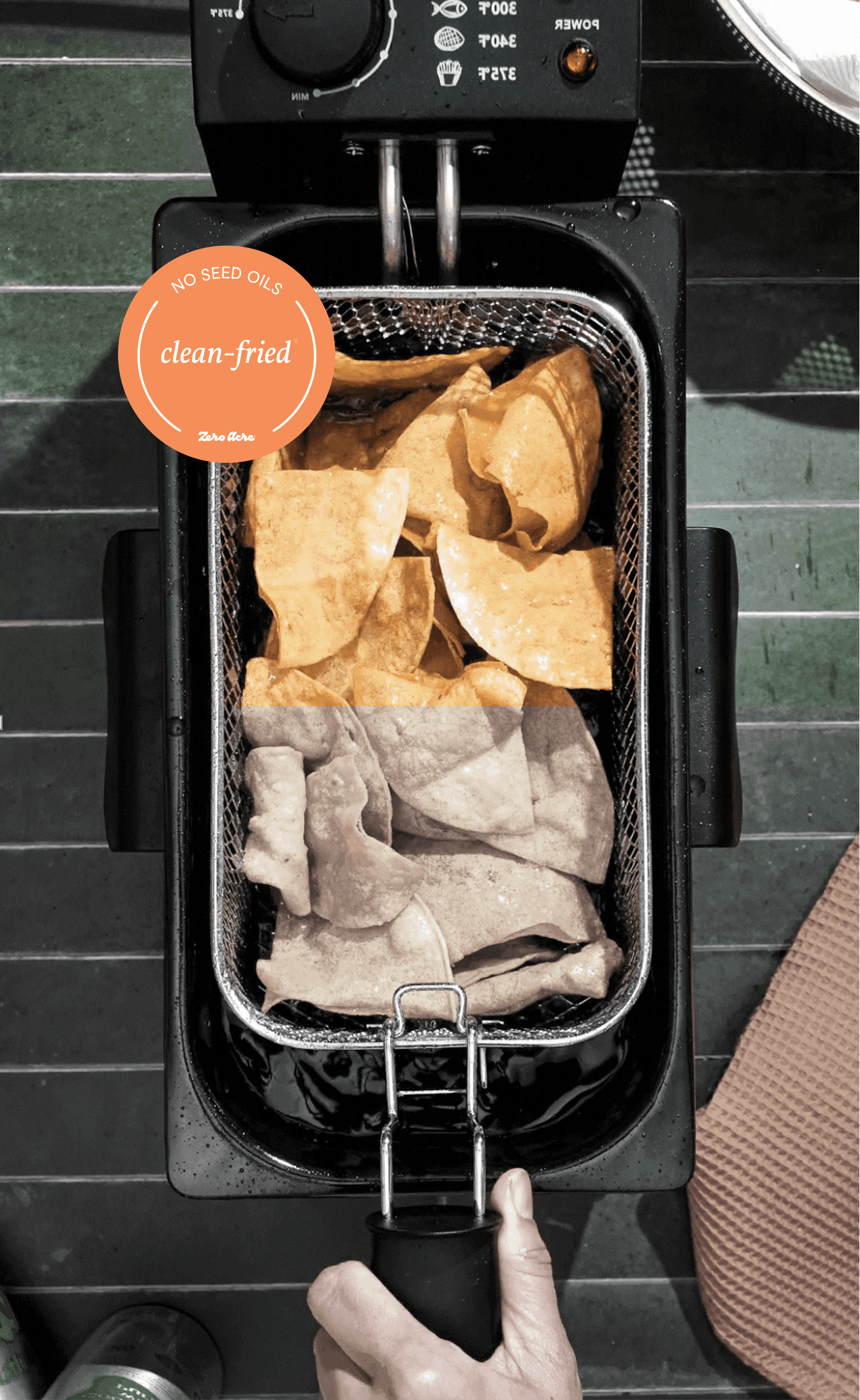 Fryer comparison showing clean-fried vs deep fried food